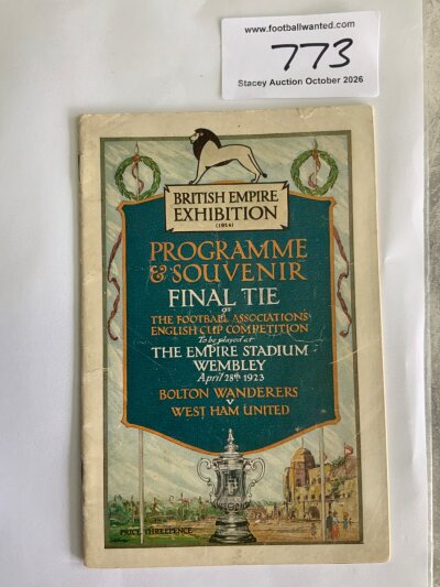 1923 FA Cup Final Football Programme: Bolton v West Ham in excellent condition with no team changes. First ever match at Wembley and known as the white horse final.