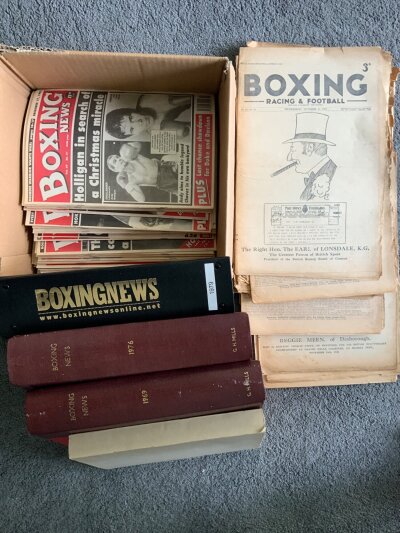 Pre War Boxing Newspapers + Magazine Collection: Around 20 Boxing Racing + Football newspapers which appear to be mainly boxing related from the 1920 and 30s. C/W 3 bound volumes of Boxing News 1969 1976 + 1979 plus 71/72 volume of International Boxing.  Additionally there are Boxing News magazines individually from the 90s.