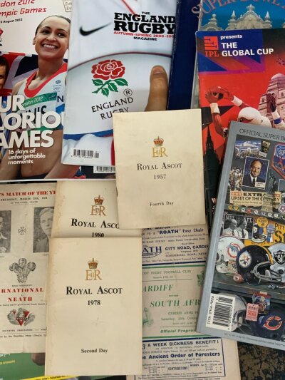 Various Sports Programmes: Includes Royal Ascot 1957 1978 1980, 51/52 Cardiff v South Africa rugby, speedway, athletics, Wimbledon tennis, cricket, American football and more. Box with instructions to sell. (250)