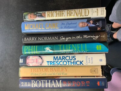 Signed Cricket Books: Includes Botham Benaud Bailey Trescothick and Tufnell. C/W signed books of Michael Caine and Barry Norman. All undedicated. (7)