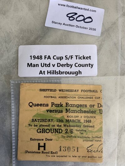 1948 FA Cup Semi Final Football Ticket: Manchester United v Derby County dated 13 3 1948 in good condition with fold.
