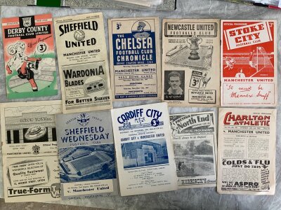 Manchester United Away Football Programmes: Includes 47/48 Chelsea, Charlton, 48/49 Derby, Sheffield United, 51/52 Preston,  52/53 Newcastle, Stoke, Cardiff, 54/55 Sheffield Wednesday. Good. (10)