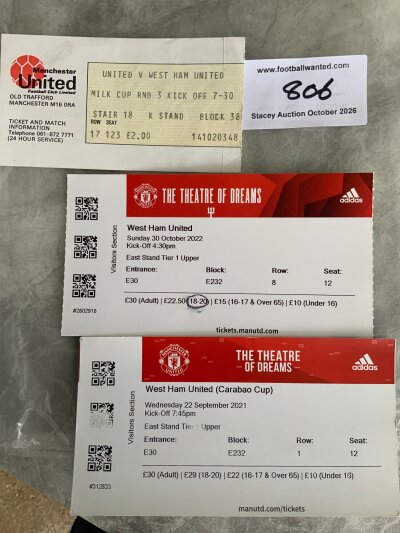 82/83 Manchester United v West Ham League Cup Football Ticket: Good condition ticket from the season Man Utd went on to the final. C/W ticket for same cup in 21/22 and league match for 22/23. (3)