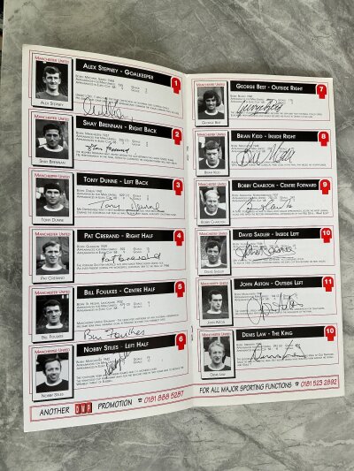 1968 Manchester United European Cup Winners Signed Menu: 30 year anniversary menu at the Marriott in London signed inside by all 12 next to their player profile. Includes Best Charlton Stiles Kidd Sadler Law Aston Crerand Dunne Brennan Stepney and Foulkes.