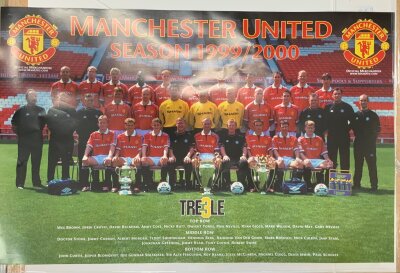 Manchester United 1999 - 2000 Football Poster: Manchester United squad team group featuring all the cups they had just won in the treble season. original poster measuring a massive 34 x 22 inches.