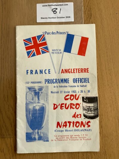 1963 France v England Football Programme: Good condition programme with no team changes but score and scorers noted inside. Please note this style of programme you had to cut tape to open.