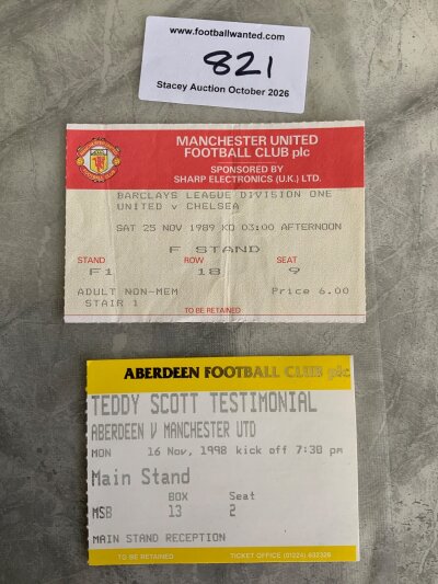Manchester United Football Tickets: 89/90 home v Chelsea + 98/99 treble season away at Aberdeen for Scott testimonial. (2)