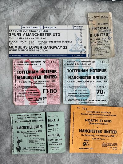 Tottenham v Manchester United Football Tickets: All played at Spurs to include 67/68 69/70 75/76 80/81 94/95 and a torn off part ticket for the postponed ECWC match on 27 11 1963 which has writing. (6)
