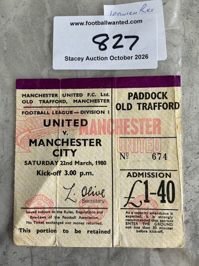 79/80 Manchester United v Manchester City Football Ticket: League matches dated dated 22 3 1980 has folding.