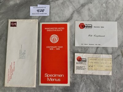 1978 Manchester United v Real Madrid Football Ticket: Centenary match ticket with creasing. C/W compliment slip it and envelope it came in along with a specimen menu for the Executive Suite.