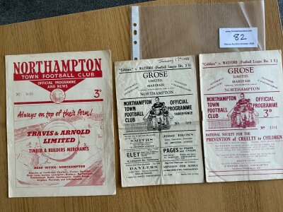 1950s Northampton v Watford Football Programmes: 51/52, 52/53 with date written to cover and 53/54. Good. (3)
