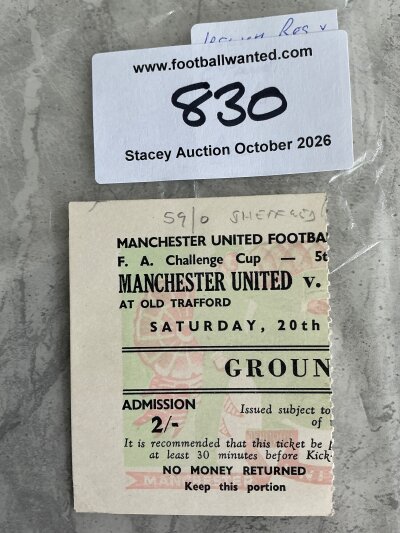 59/60 Manchester United v Sheffield Wednesday Football Ticket: FA Cup match perfectly torn along perforations in the middle. Pencilled writing.