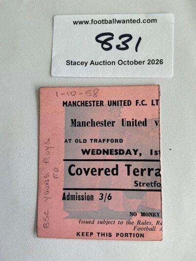 58/59 Manchester United v BSC Young Boys Football Ticket: Perfectly torn along perforations in good condition with pencilled writing.