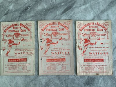 Bournemouth v Watford Football Programme: League matches for 48/49 punch holes, 49/59 fold and 50/51 few small marks. (3)