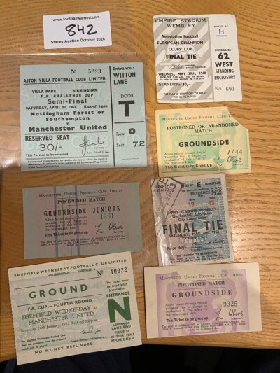Manchester United Big Match Football Tickets: 1963 FA Cup semi final + final, 60/61 Sheffield Wednesday FA Cup away, 1968 European Cup final and 3 different tickets for unnamed matches that are postponed. (7)