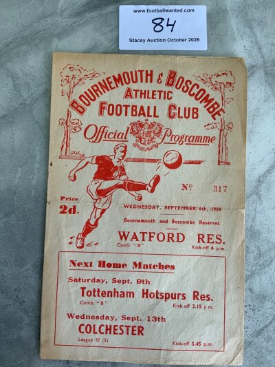 50/51 Bournemouth v Watford Reserves Football Programme: Fair/good condition Football Combination match dated 6 9 1950. Fold and team changes.