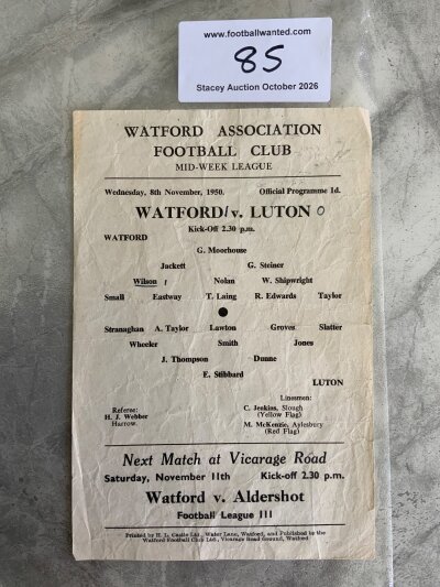 50/51 Watford v Luton Midweek League Football Programme: Good condition single sheet for midweek league match dated 8 11 1950. Score written and bit of creasing.