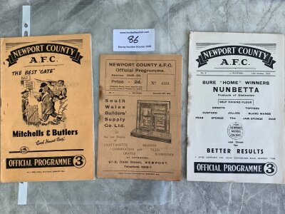 Newport v Watford Football Programmes: Fair condition league matches from 49/50 50/51 + 51/52. All have rusty staples and 50/51 has two small holes. (3)