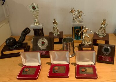 Gary Neville Manchester United Football Memorabilia+ Cricket Trophies: Includes Lancashire FA Youth Cup Final Winners 1993, Lancs Division One Winners 92/93, Cup winners trophies for his cricket club Greenmount with fielding and player of the year trophies, Ice Juniors Under 12s and more. (12)