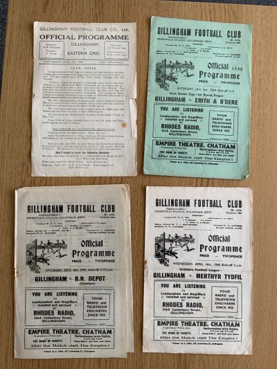 Gillingham 1940s Home Football Programmes: 45/46 Eastern Command, 47/48 Merthyr Tydfil, Erith + Belvedere, RN Depot. Overall good. (4)