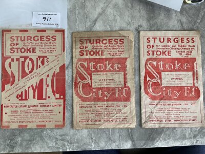 1940s Stoke City v Liverpool Football Programmes: 47/48 48/49 and 50/51 in good condition. (3)