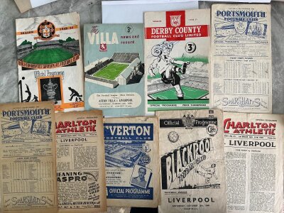 Liverpool Away Football Programmes: 47/48 Charlton Portsmouth Everton, 49/50 Blackpool Charlton Wolves Aston Villa, 50/51 Portsmouth Derby. Fair/good. (9)