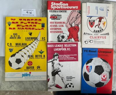 Liverpool Away Friendly Football Programmes: 78/79 Xamas, Basel, Bass League X1, 1983 Holland Tour, 1982 Spain Tour. Very good. (5)
