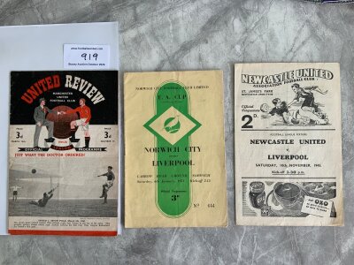 1940s Liverpool Away Football Programmes: 45/46 Newcastle piece missing from back corner, 46/47 Brentford, Chelsea, Charlton, Blackburn, 49/50 Manchester United, 50/51 Norwich FA Cup. Overall good. (7)