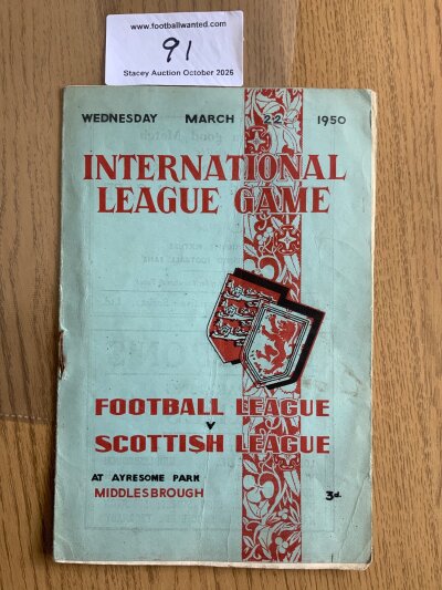 49/50 Football League v Scottish League Football Programme: Played at Middlesbrough with rusty staples and holding firm with score and scorers noted inside.