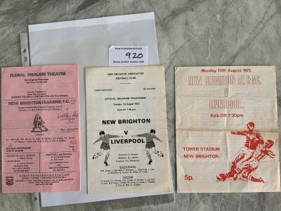 New Brighton v Liverpool Football Programmes: 72/73, 73/74, 74/75 writing to cover. Pre season friendlies whete Liverpool fielded reserves. Fair. (3)