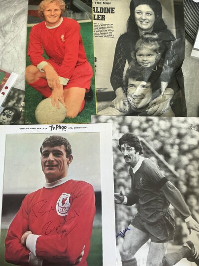 Liverpool Signed Football Magazine Pictures: Some great names including many 1960s pictures. Various sizes to include many big names in their history. (89)