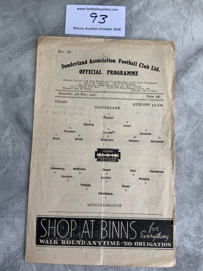 45/46 Sunderland v Middlesbrough Football Programme: Four page fair condition league match with folding and a bit of wear to edge.