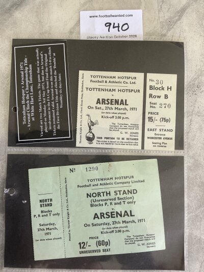 Arsenal Title Winning Football Tickets: 1 May 1953 when a win v Burnley clinched the title on goal difference. C/W two different tickets for the away match in the double season of 70/71. One unused in different styles and dated like all tickets for 27 3 1971 although this was actually played in May. (3)
