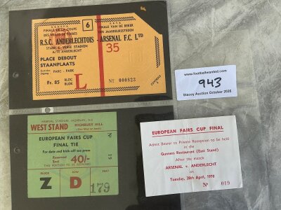 1970 Fairs Cup Final Football Tickets: Anderlecht v Arsenal both legs plus a ticket for a private reception at the Gunners restaurant. (3)