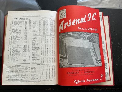 49/50 Arsenal Bound Volume Of Football Programmes: Believed to be compete of all 1st team reserves and youth with the addition of many matches played at Highbury that did not involve Arsenal. All covers present but back board has become detached and spine is poor.