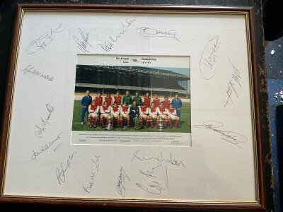 Arsenal 1971 FA Cup Final Signed Football Team Group: Double team with cups taken pre 71/72 season. Large mount is hand signed by 15. Personally obtained by vendor who used to arrange dinners in their honour. Frame measures 21 x 17 inches.