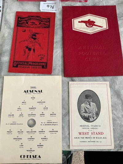Arsenal 1932 West Stand Opening Football Memorabilia: Programme for match v Chelsea and programme holder/song sheet. There is also a pull out souvenir featuring the Prince of Wales who opened the stand and a vip issue which is embossed with the gunner emblem above the words Arsenal Football Club. All 4 items are excellent. (4)
