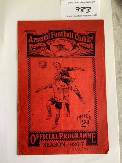 1926 - 1927 Arsenal v Sheffield Wednesday Football Programme: Almost 100 years old to the day of the auction in good condition with no team changes. Pencilled writing.