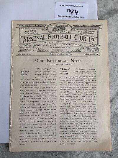 1924 - 1925 Clapton Orient v Tottenham At Arsenal Football Programme: London FA Cup Final played at Highbury on 24 11 1924. Excellent condition 4 pager with no writing as ex bound.