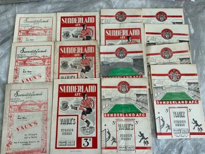 Sunderland 1940s + 1950s Home Football Programmes: Includes 47/48 Arsenal, Middlesbrough, 48/49 Manchester City, Preston, Middlesbrough, 49/50 Consett v Spennymoor Durham Final tears, Blackpool. There are a further 11 from 50/51 to 54/55. Mainly very good. (18)