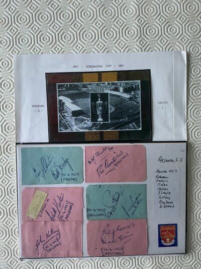 Arsenal 1953 Football Autographs: Removed from autograph book and stuck down from the year Arsenal won the 1st division and Charity Shield. Players are Evans Lewis Kelsey Logie Holton Fields Dodgin and Roberson. Instructions to sell.