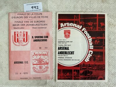 1970 Fairs Cup Final Football Programmes: Both legs of the Anderlecht v Arsenal final. Programme at Anderlecht is very good with staples removed and at Arsenal has light fold. Both have no team changes. (2)