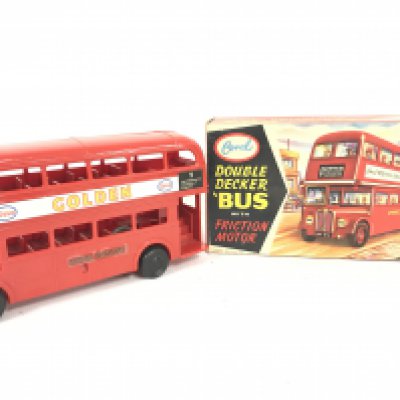 A Boxed Coral Toys Plastic Double Decker Bus With Friction Motor.