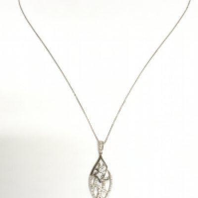 A leaf shaped pendant set with a round white cubic zirconia on a silver chain.