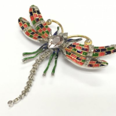 A silver dragonfly brooch and pendant (combined) set with a pear- shaped morganite and diamonds, with enamel inlays in colours red, pink, green and purple . Morganite 1.05ct, diamonds 0.85ct
