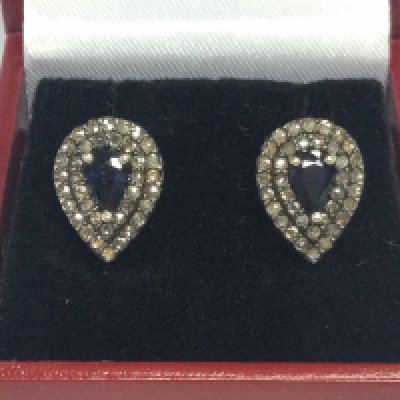Pair of silver gilt pear drop shaped stud earrings set with pear shaped sapphires and diamond double halos, boxed . Sapphires 0.98ct , rose cut diamonds 0.63ct