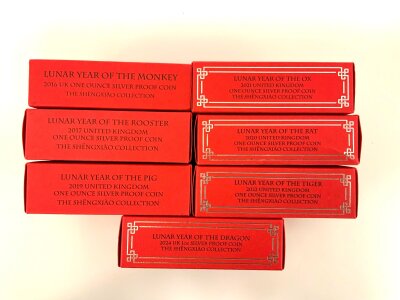 7 Lunar animal year one ounce silver proof coins, Royal mint Shengxiao collection. 2016/2017/2019/2020/2021/2022/2024.