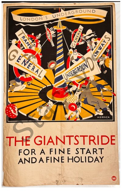 An Original London Underground poster, The giant stride, For a Fine start and a fine holiday, by Frederick Charles Herrick, 1922, Banyard press logo bottom right. 102cm x 65cm, 4 fold creases, some staining, edges tatty.