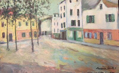 A depiction of Place du Tertre in the Montmartre district of Paris, in the manner of  the French painter Maurice Utrillo signed lower right (1883–1955). 
Previous owner can record it being part of parents estate up to 1940s, widely travelled across Europe and Eastern Europe during the 40s and 50s. 26.4cm x 16.6cm  without frame. 33cm x 23.5cm with frame.