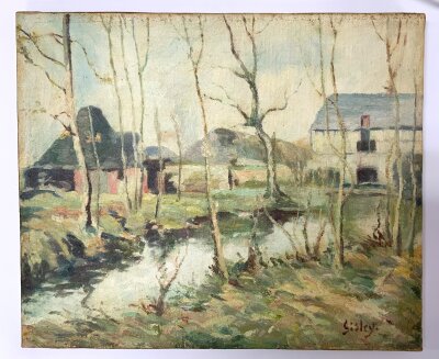 An Impressionist-style landscape featuring a small river winding past cottages and bare winter trees. The signature in the lower right corner reads "Sisley," which would attribute it to the renowned Impressionist master Alfred Sisley. In the manner of. Unframed 30.4cm x 25cm, Framed 34cm x 29cm